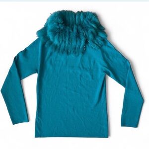 Vintage Teal Faux Fur Off-Shoulder Top – Size Medium